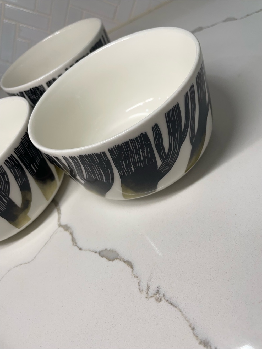 Marimekko Oiva Saapaivakirja 3pc Black and White Tree Motif 5in Ceramic Bowls - Picture 5 of 13